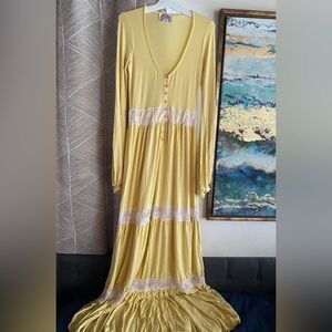 Love From Ya Ya Maxi Dress  Long Sleeve Yellow Sz XS-S Buttons Lace Bohemian